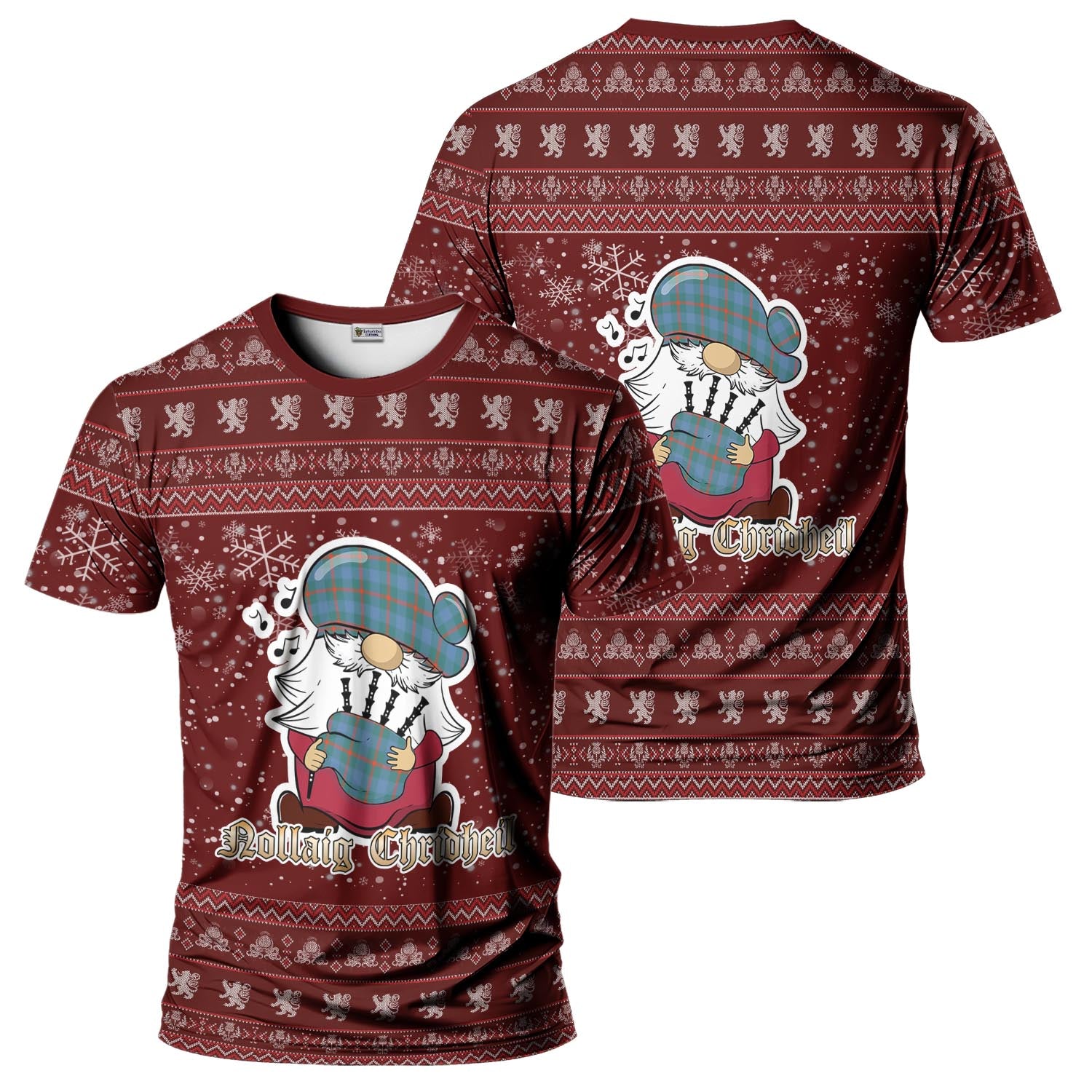 Agnew Ancient Clan Christmas Family T-Shirt with Funny Gnome Playing Bagpipes - Tartanvibesclothing