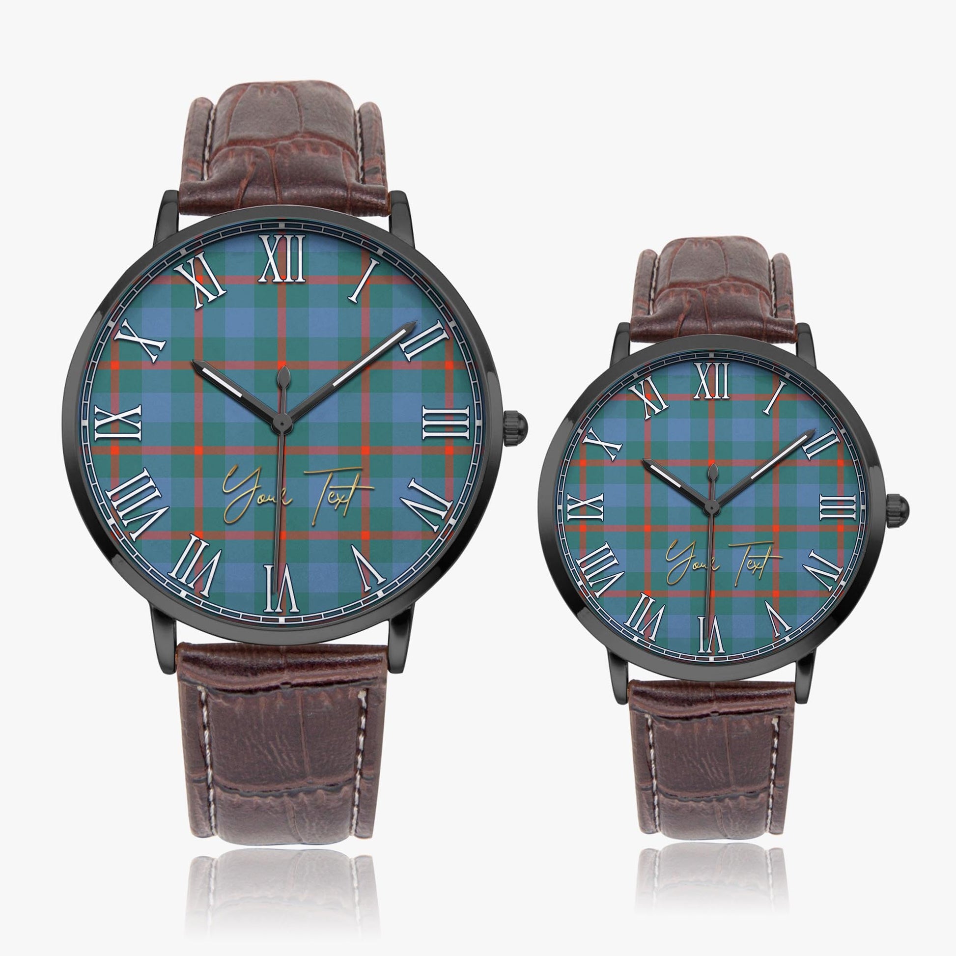 Agnew Ancient Tartan Personalized Your Text Leather Trap Quartz Watch Ultra Thin Black Case With Brown Leather Strap - Tartanvibesclothing