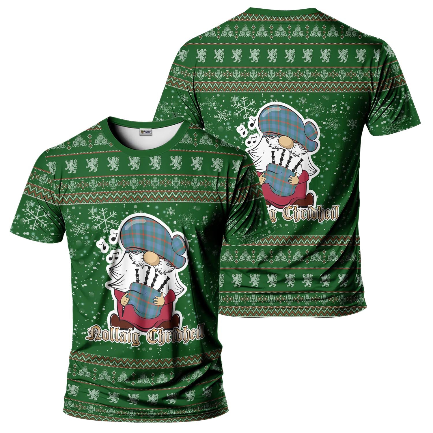 Agnew Ancient Clan Christmas Family T-Shirt with Funny Gnome Playing Bagpipes Men's Shirt Green - Tartanvibesclothing