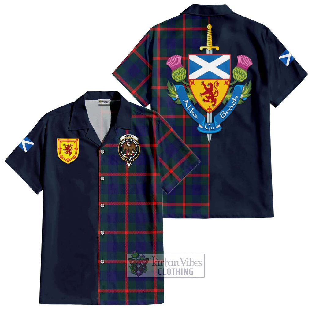 Tartan Vibes Clothing Agnew Modern Tartan Short Sleeve Button Shirt with Scottish Lion Royal Arm Half Style