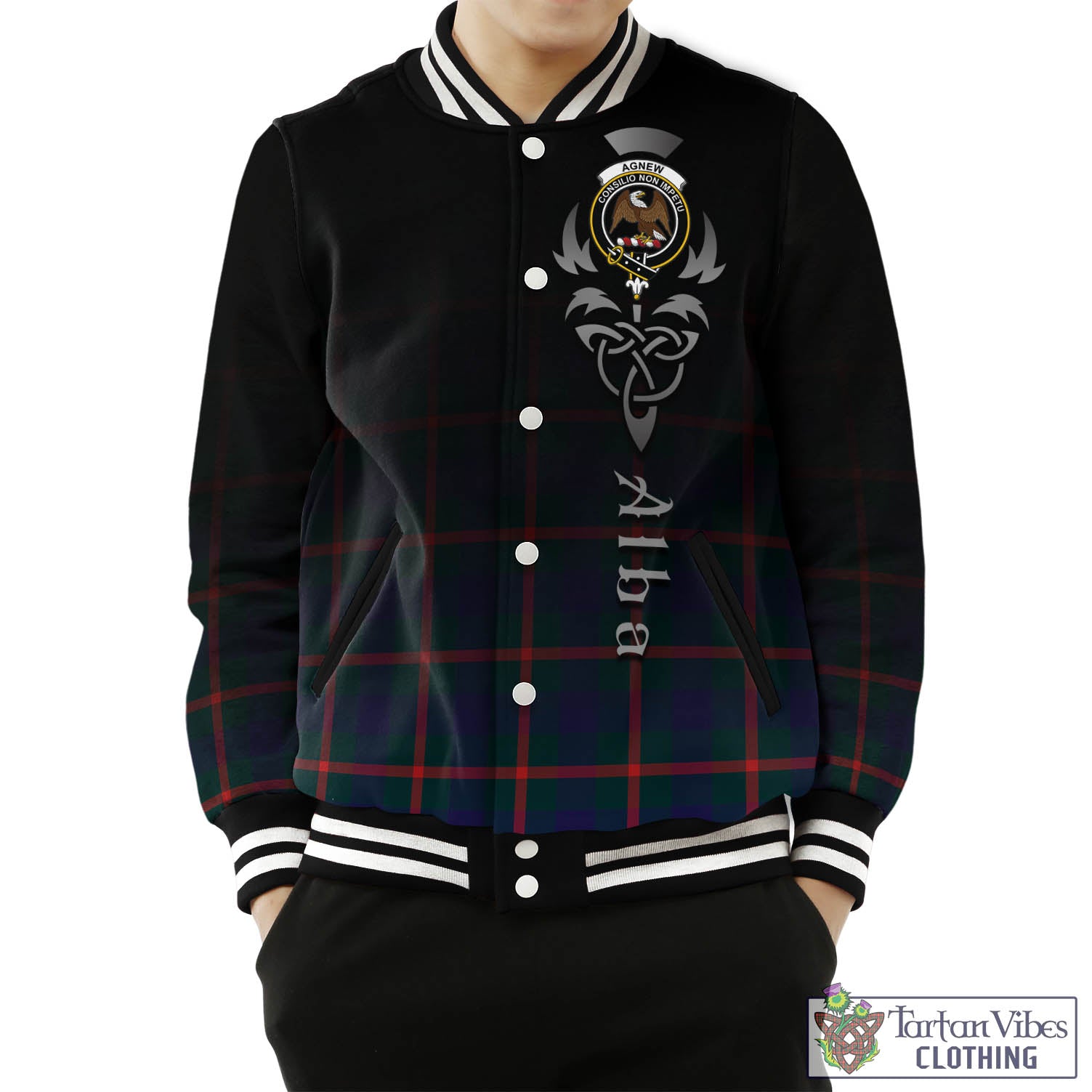 Tartan Vibes Clothing Agnew Modern Tartan Baseball Jacket Featuring Alba Gu Brath Family Crest Celtic Inspired