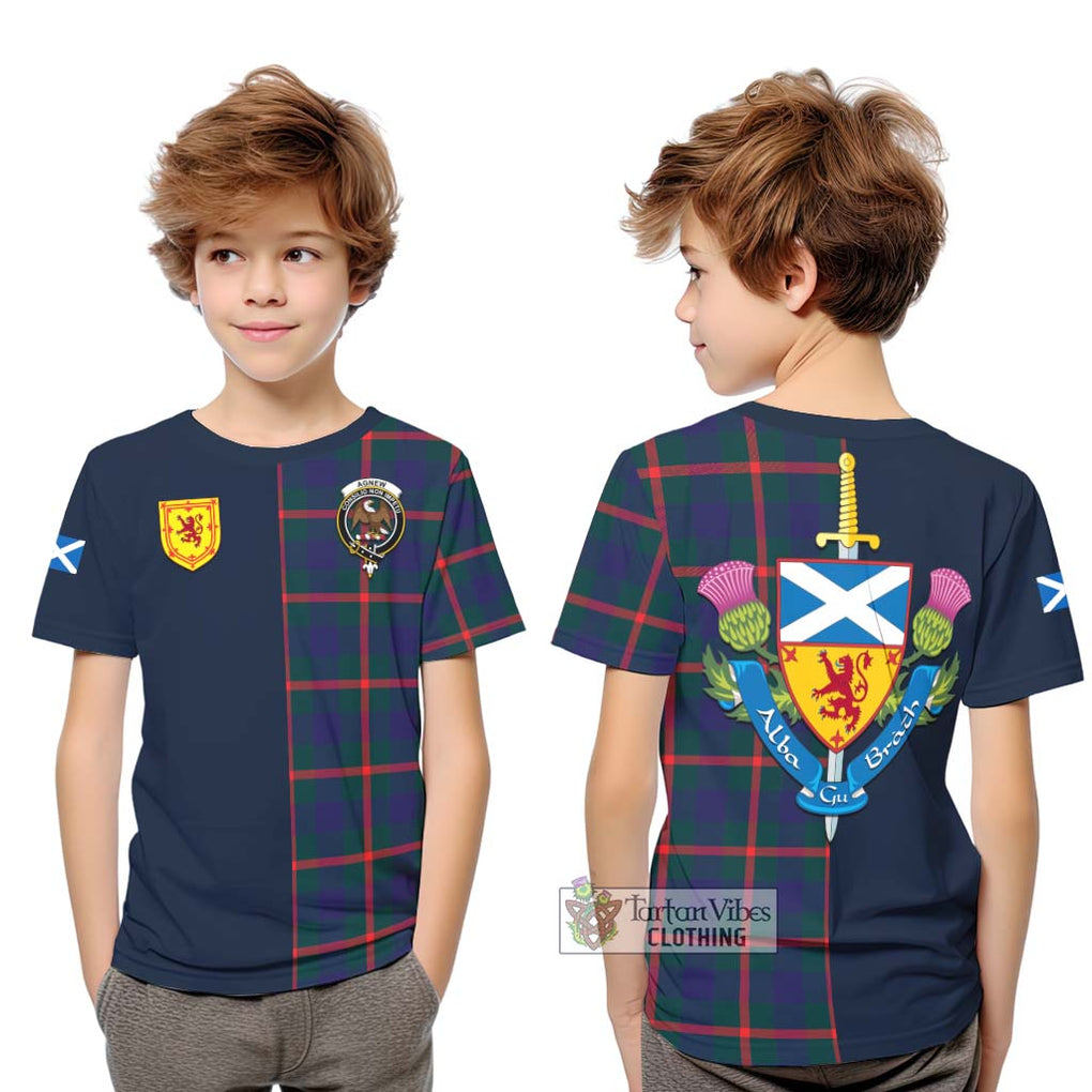 Tartan Vibes Clothing Agnew Modern Tartan Kid T-Shirt with Scottish Lion Royal Arm Half Style