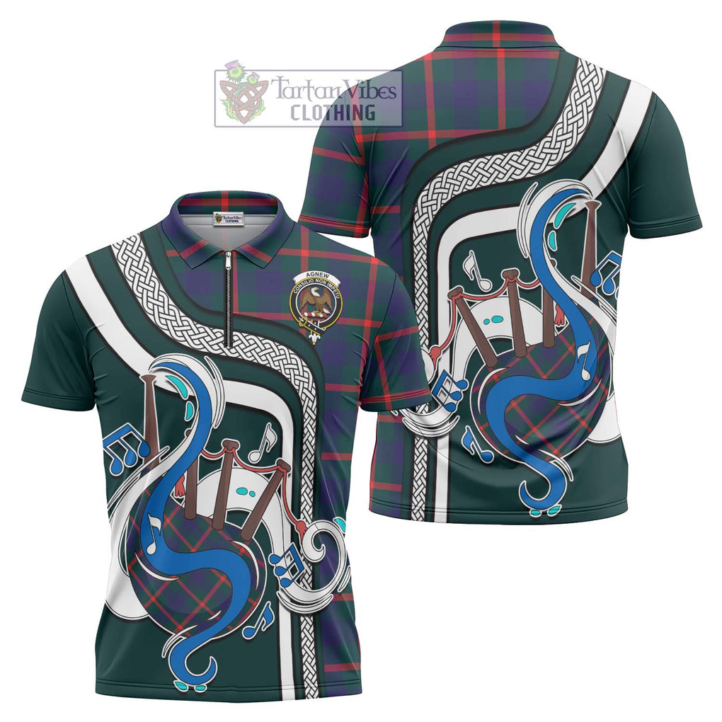 Agnew Tartan Zipper Polo Shirt with Epic Bagpipe Style Unisex - Tartanvibesclothing Shop