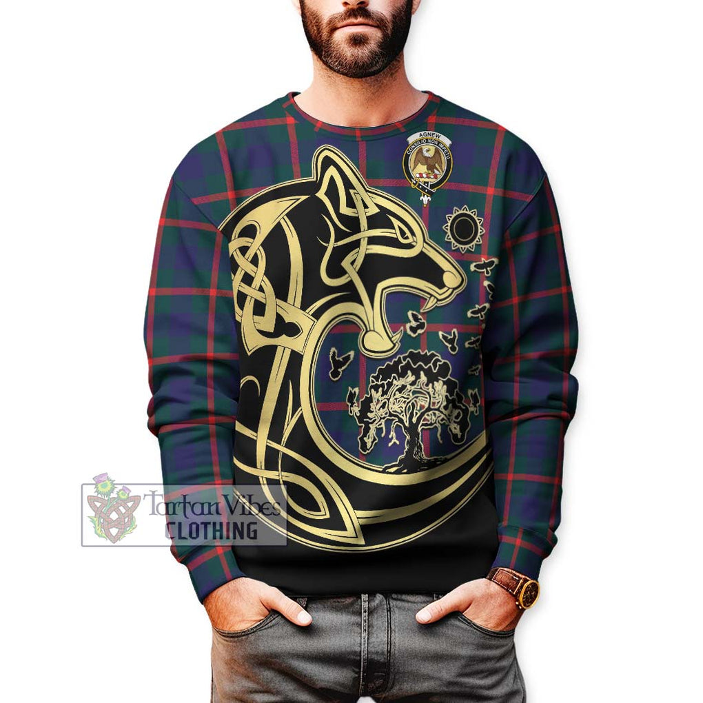 Agnew Tartan Sweatshirt with Family Crest Celtic Wolf Style Unisex - Tartan Vibes Clothing