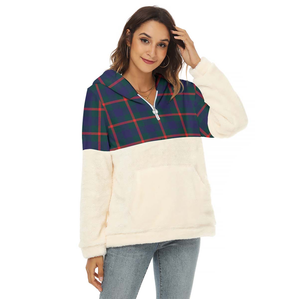 Agnew Tartan Women's Borg Fleece Hoodie With Half Zip Female - Tartan Vibes Clothing