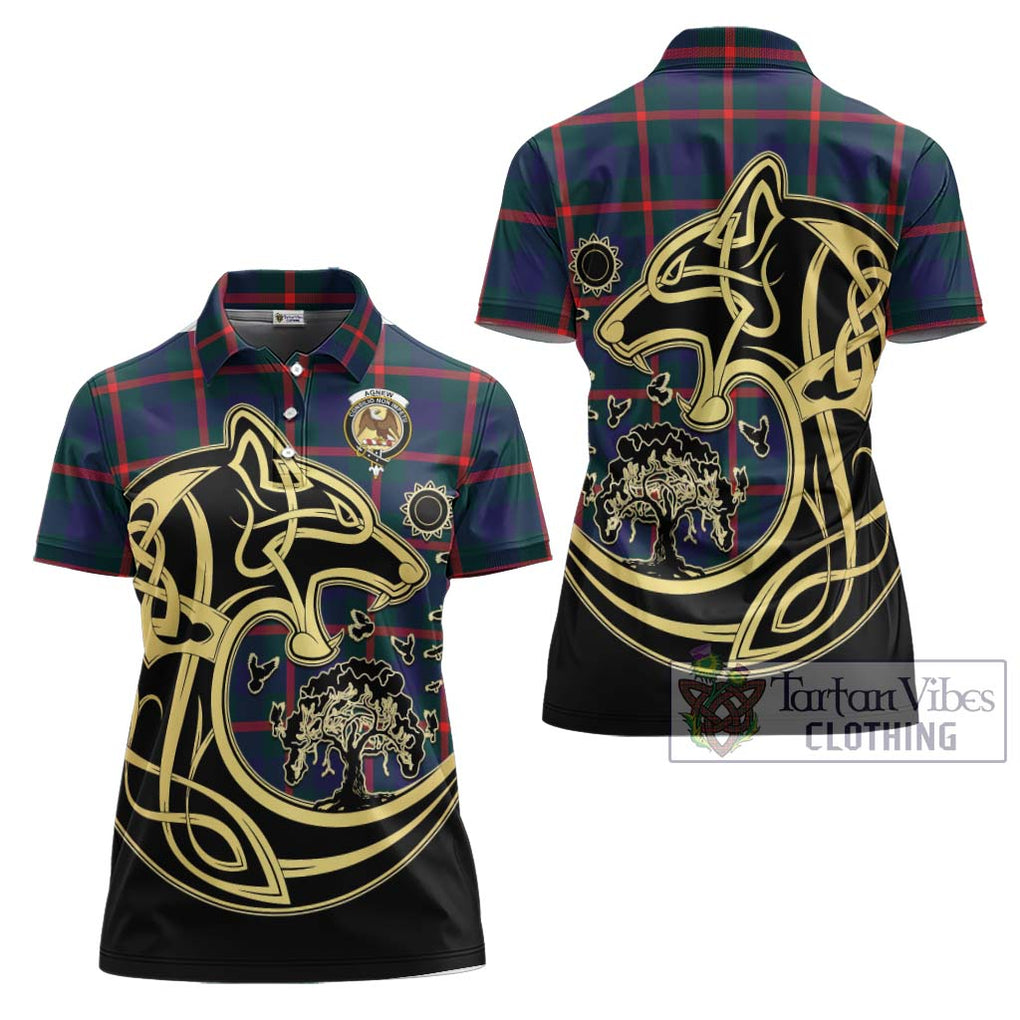 Agnew Tartan Women's Polo Shirt with Family Crest Celtic Wolf Style Women - Tartanvibesclothing Shop