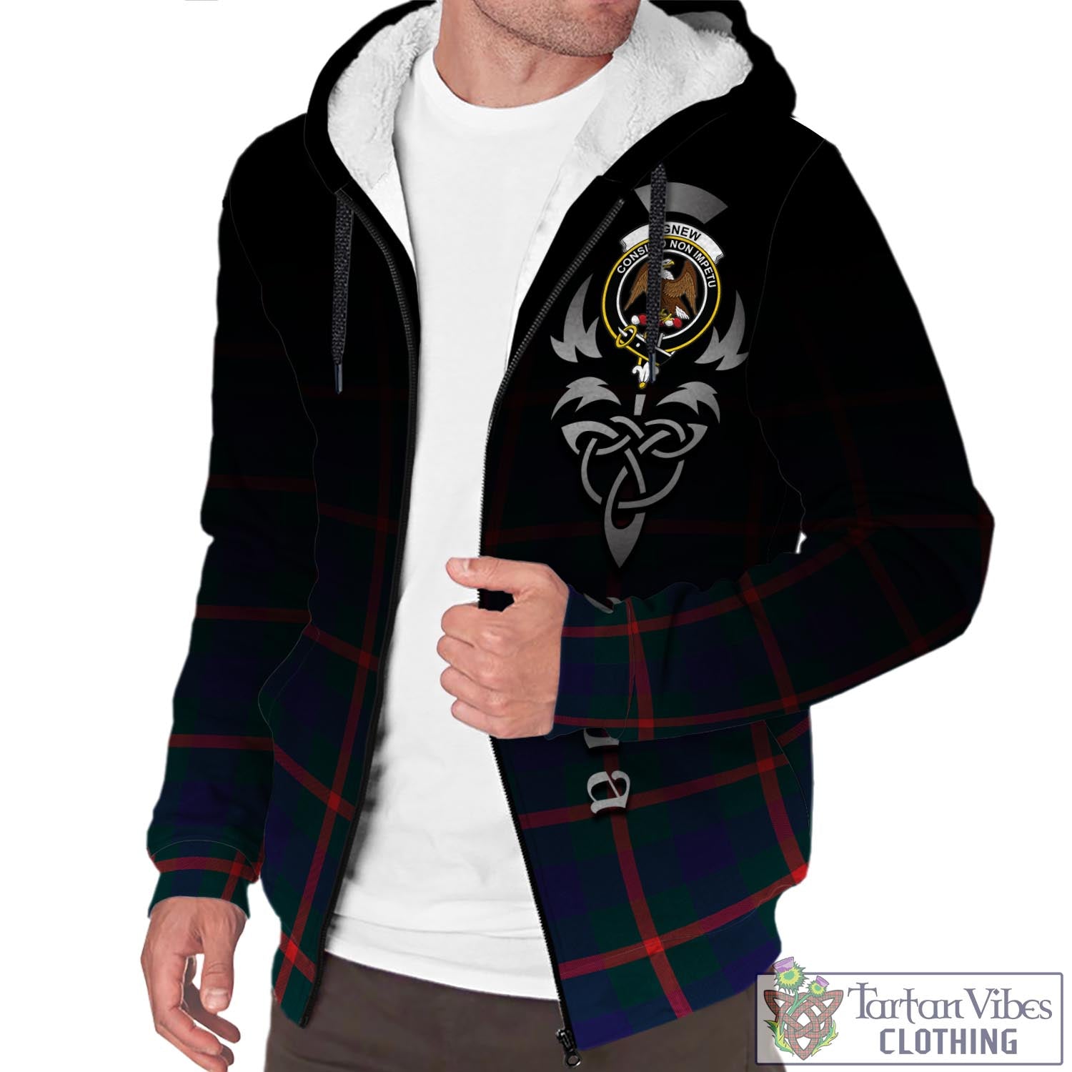 Tartan Vibes Clothing Agnew Modern Tartan Sherpa Hoodie Featuring Alba Gu Brath Family Crest Celtic Inspired