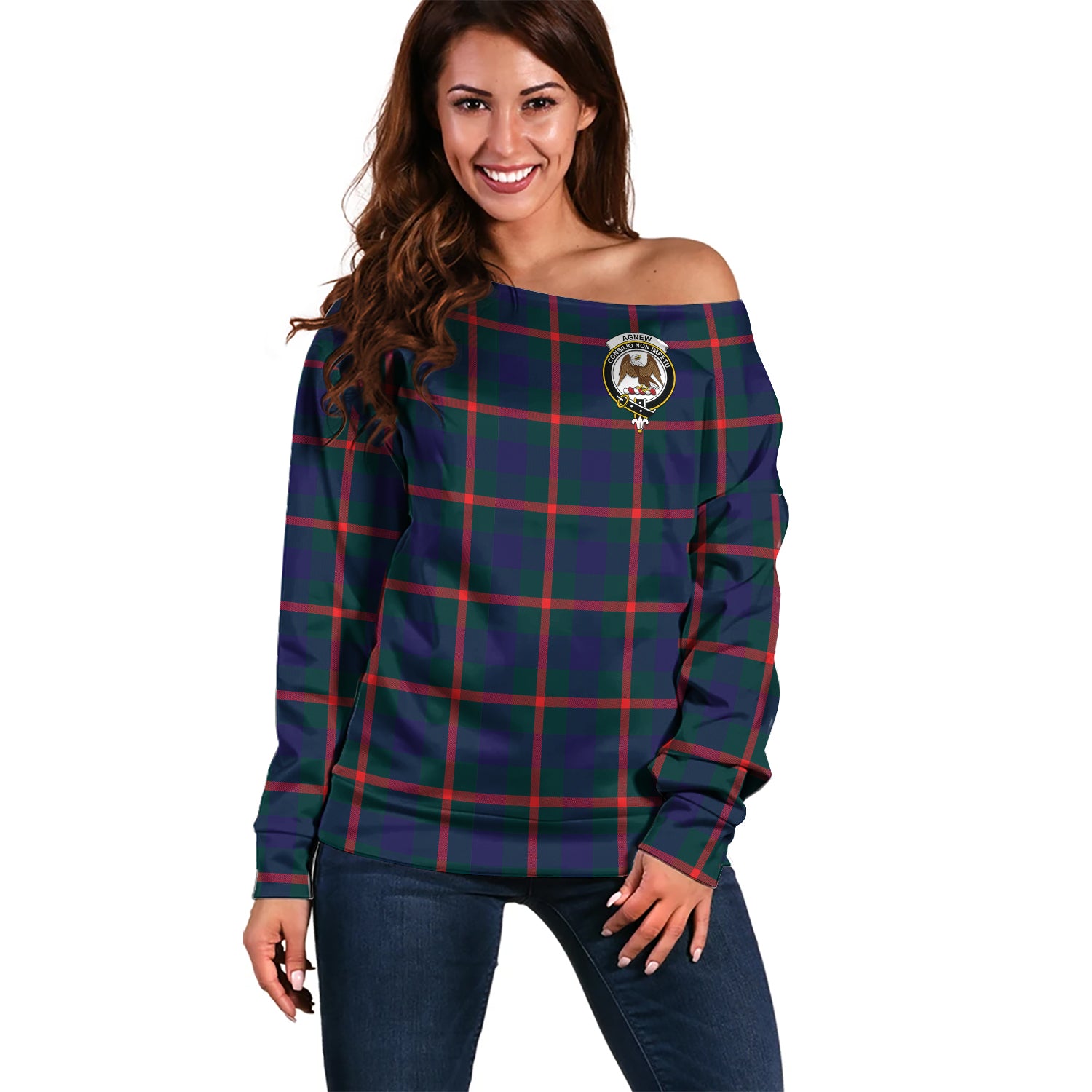 Agnew Modern Tartan Off Shoulder Women Sweater with Family Crest Women - Tartanvibesclothing