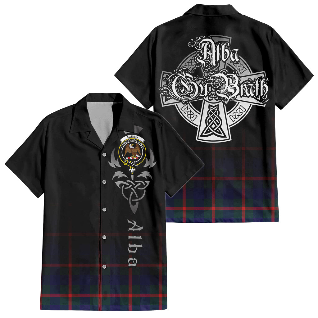 Tartan Vibes Clothing Agnew Modern Tartan Short Sleeve Button Up Featuring Alba Gu Brath Family Crest Celtic Inspired