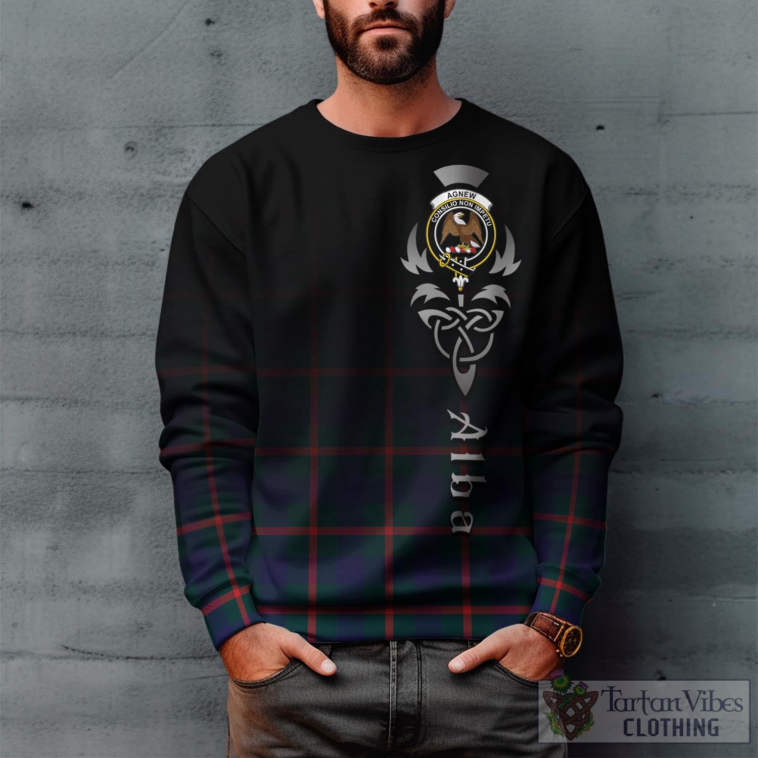 Tartan Vibes Clothing Agnew Modern Tartan Sweatshirt Featuring Alba Gu Brath Family Crest Celtic Inspired