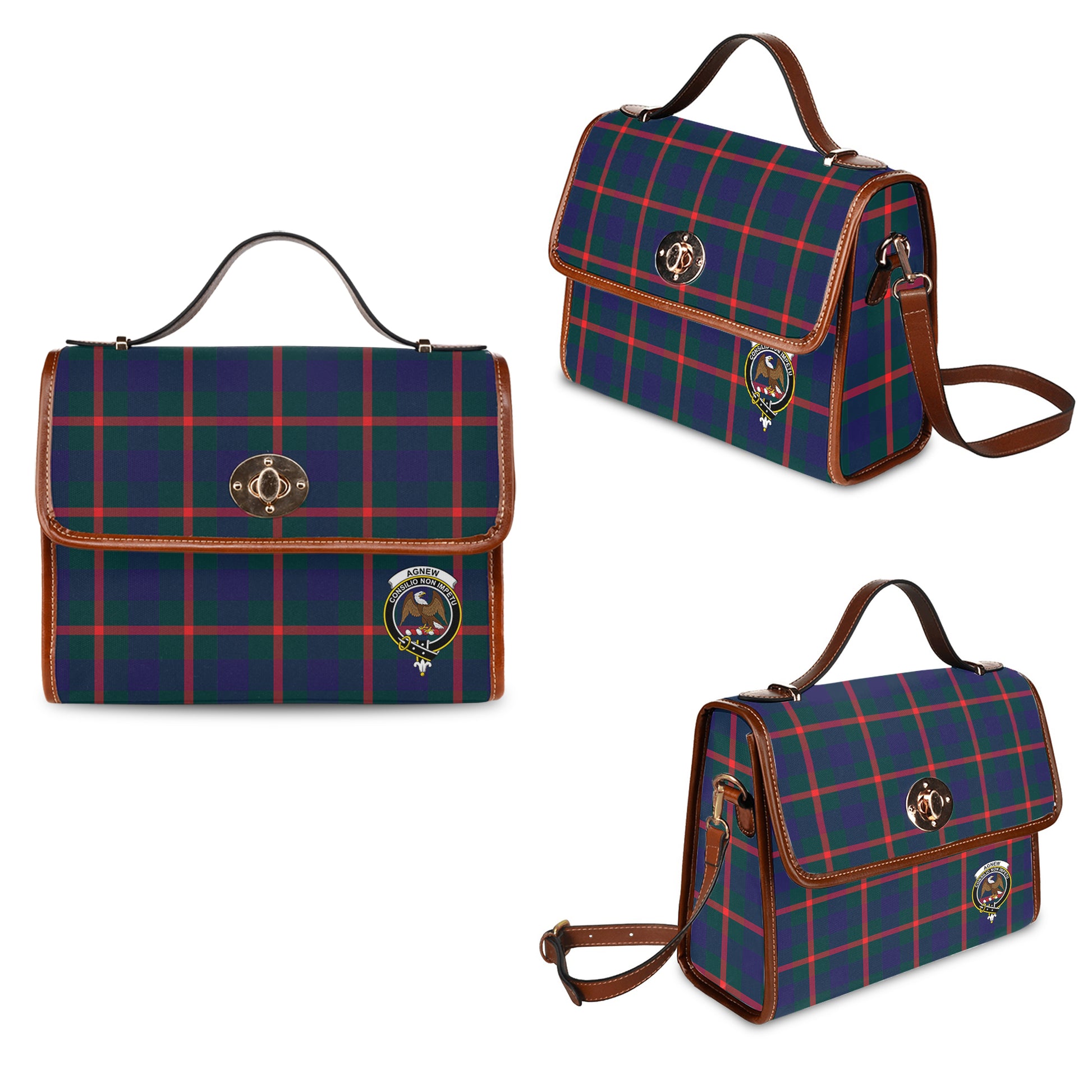 Agnew Modern Tartan Leather Strap Waterproof Canvas Bag with Family Crest One Size 34cm * 42cm (13.4" x 16.5") - Tartanvibesclothing