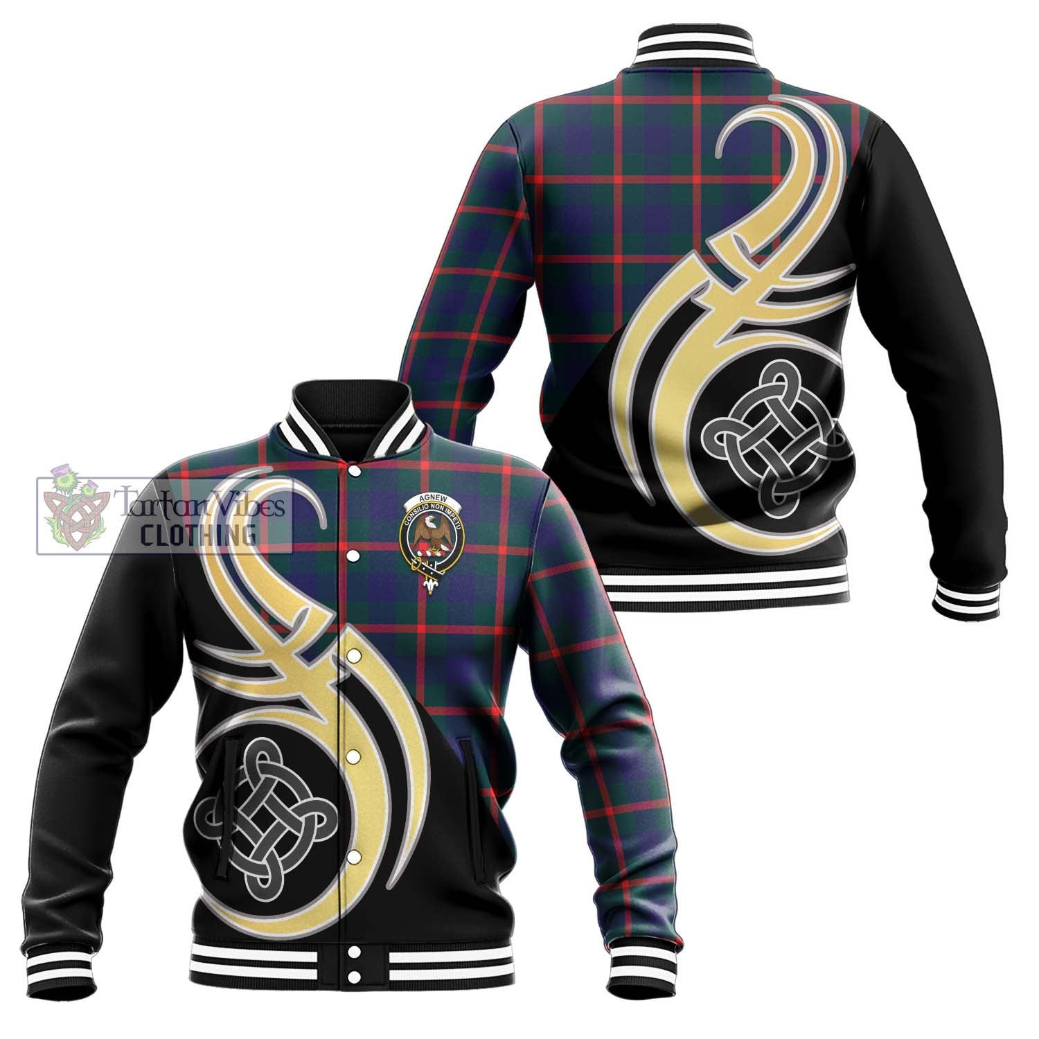 Agnew Tartan Baseball Jacket with Family Crest and Celtic Symbol Style Unisex - Tartan Vibes Clothing