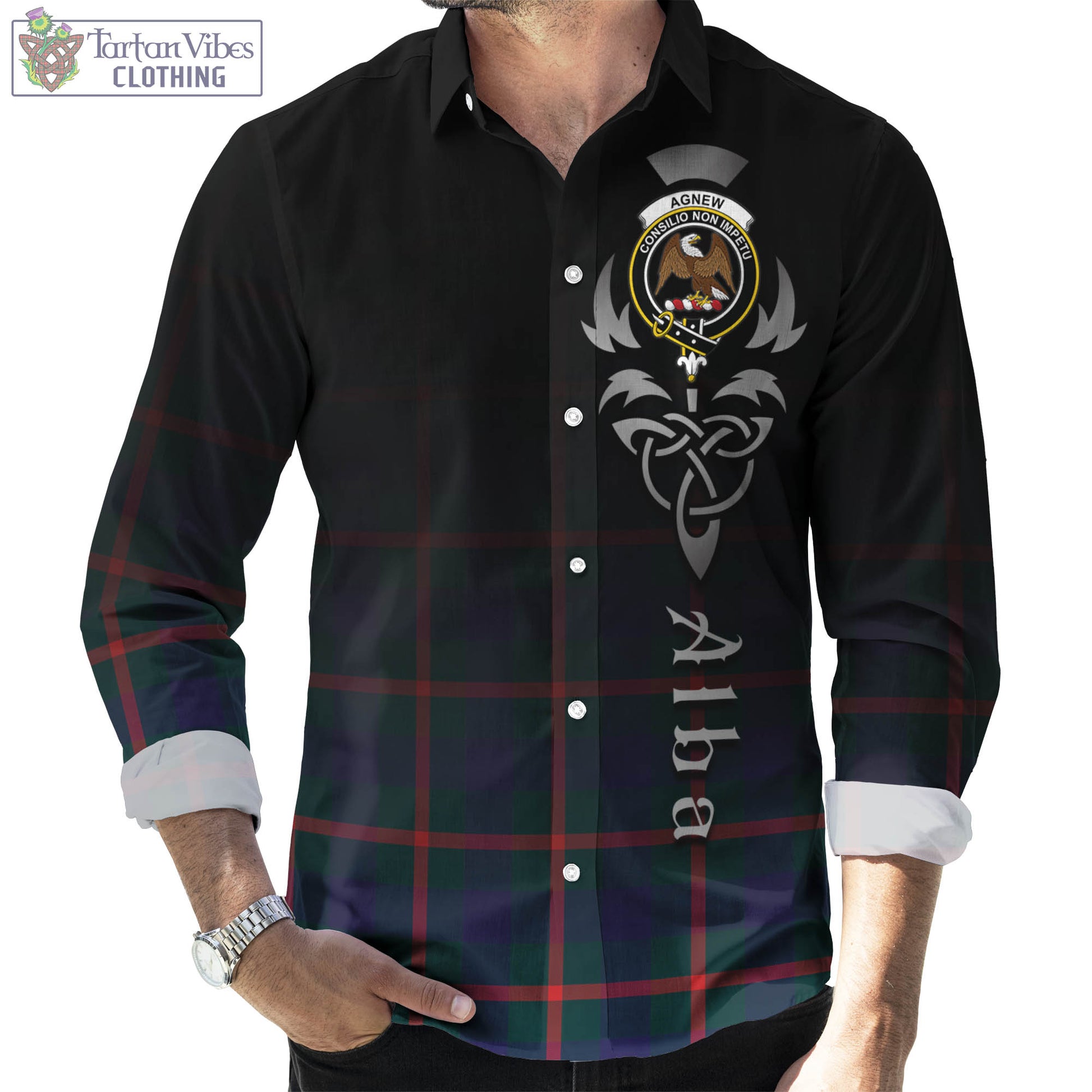 Tartan Vibes Clothing Agnew Modern Tartan Long Sleeve Button Up Featuring Alba Gu Brath Family Crest Celtic Inspired