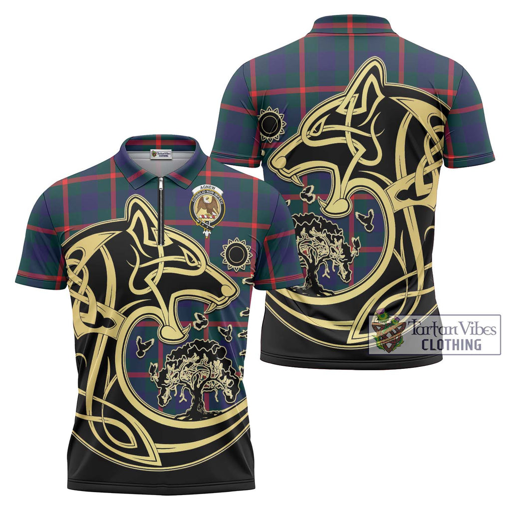 Agnew Tartan Zipper Polo Shirt with Family Crest Celtic Wolf Style Unisex - Tartanvibesclothing Shop