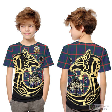 Agnew Tartan Kid T-Shirt with Family Crest Celtic Wolf Style