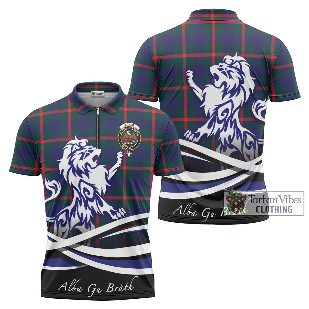 Agnew Tartan Zipper Polo Shirt with Alba Gu Brath Regal Lion Emblem Unisex - Tartanvibesclothing Shop