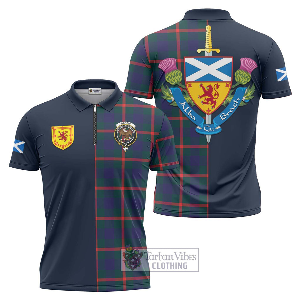 Tartan Vibes Clothing Agnew Modern Tartan Zipper Polo Shirt with Scottish Lion Royal Arm Half Style