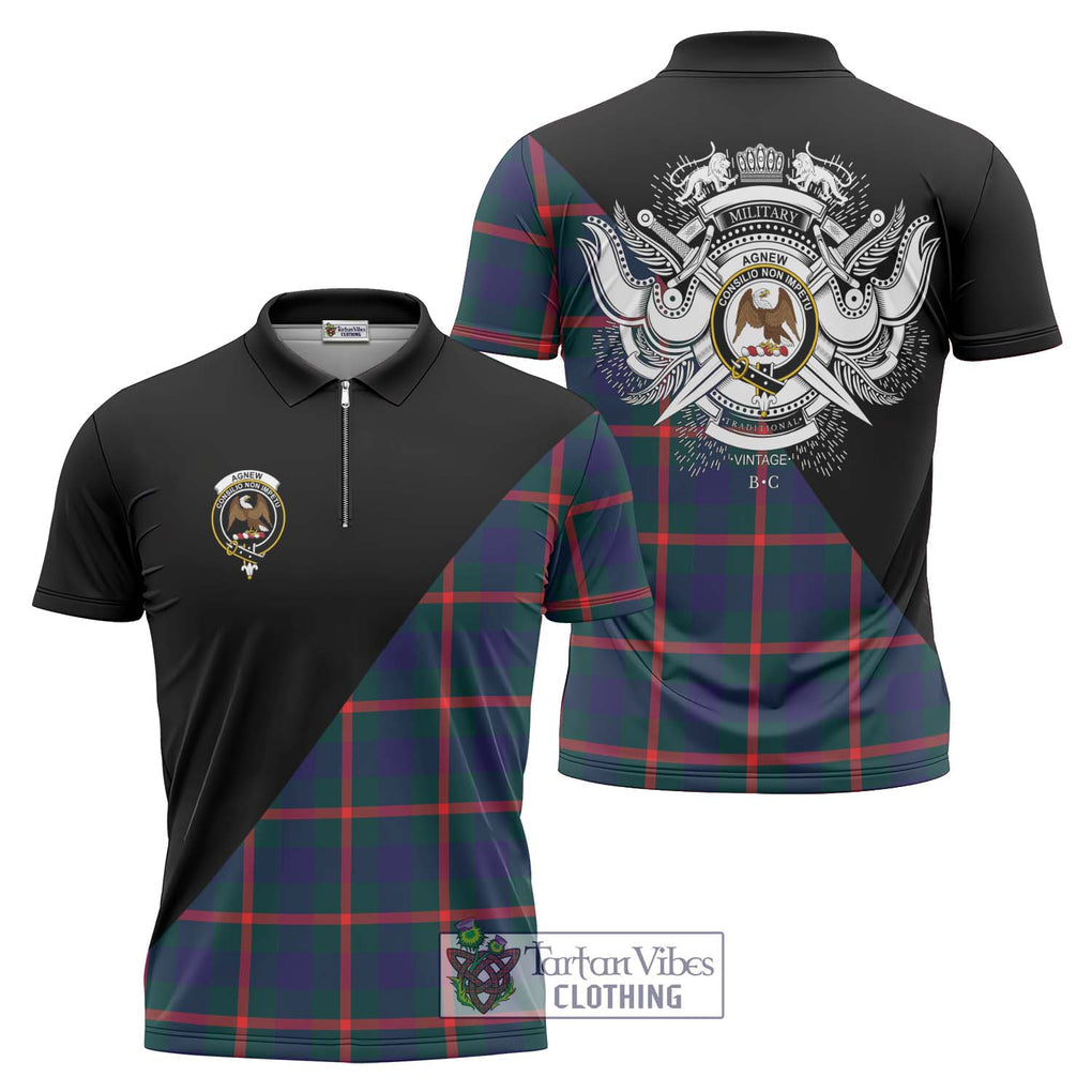 Agnew Tartan Zipper Polo Shirt with Family Crest and Military Logo Style Unisex - Tartanvibesclothing Shop