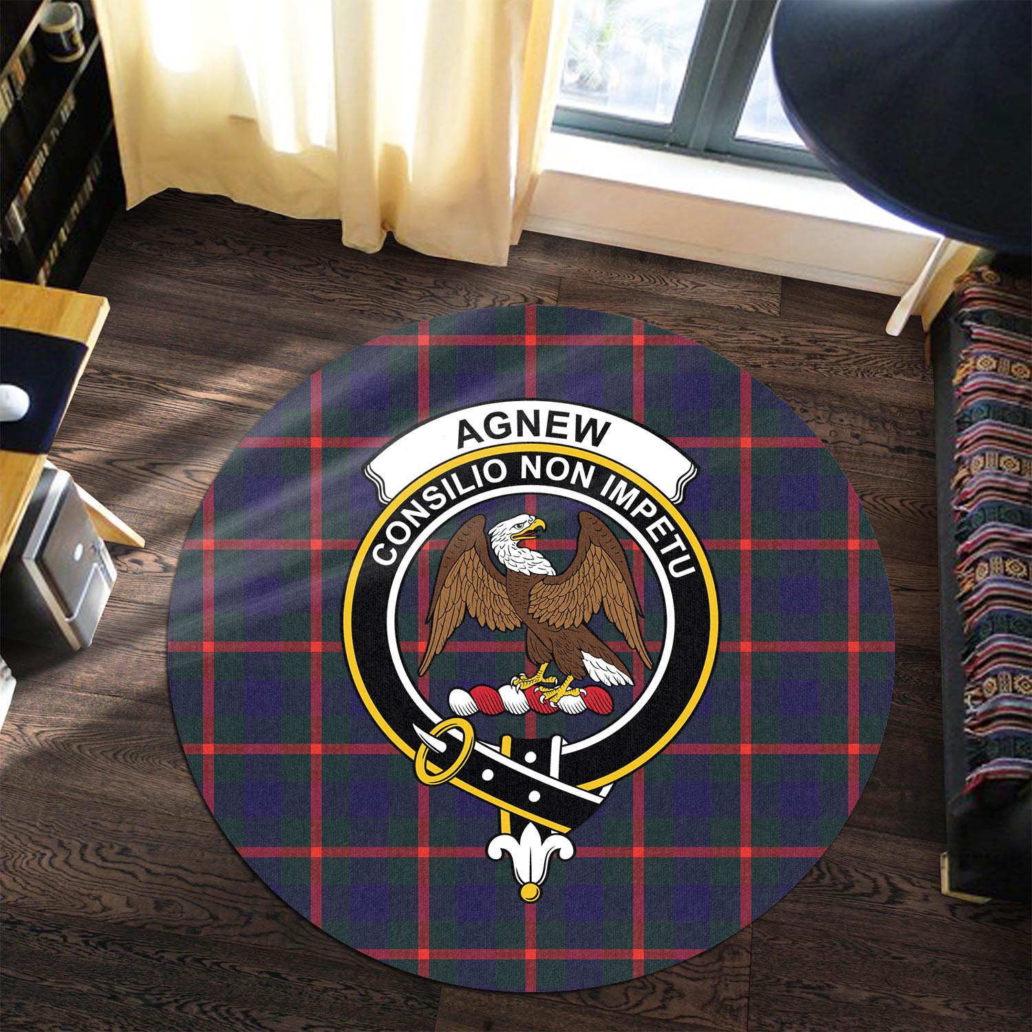 Agnew Modern Tartan Round Rug with Family Crest - Tartanvibesclothing