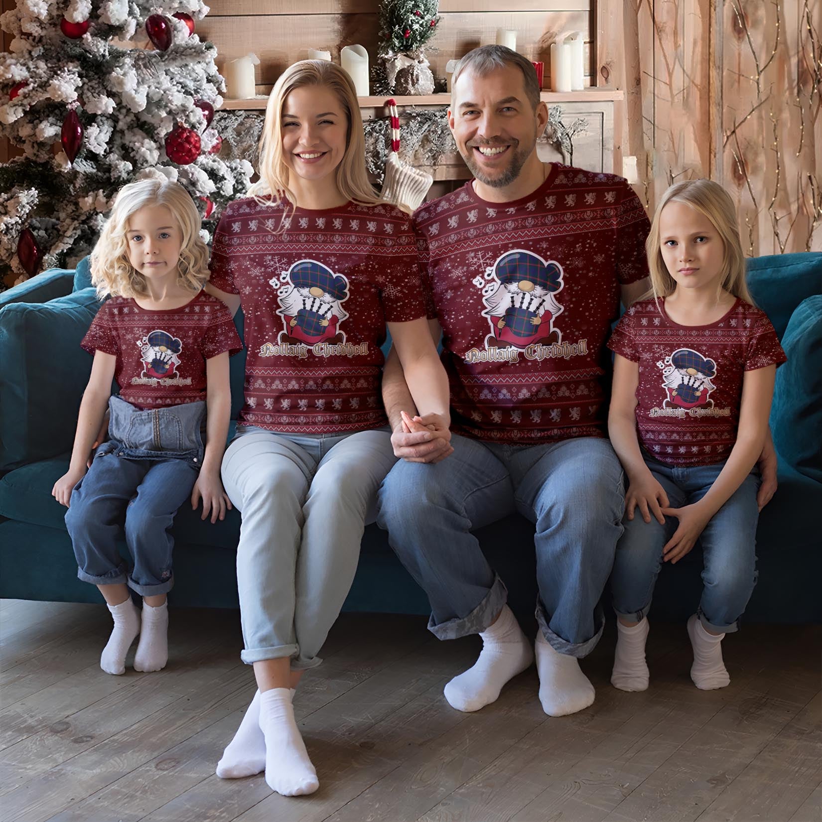 Agnew Modern Clan Christmas Family T-Shirt with Funny Gnome Playing Bagpipes Red - Tartanvibesclothing