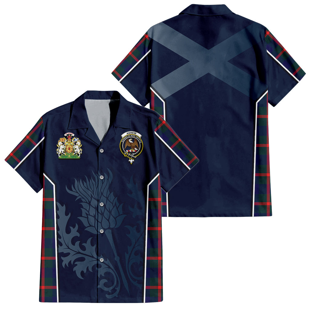 Tartan Vibes Clothing Agnew Modern Tartan Short Sleeve Button Up Shirt with Family Crest and Scottish Thistle Vibes Sport Style