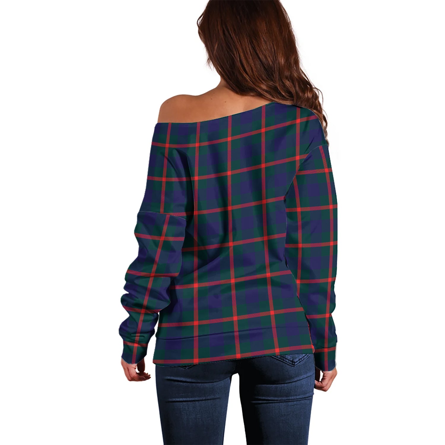 Agnew Modern Tartan Off Shoulder Women Sweater with Family Crest - Tartanvibesclothing