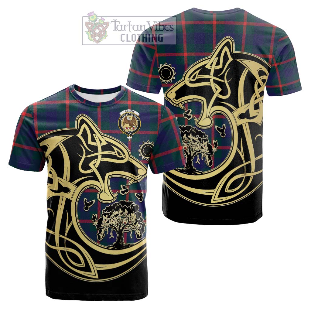 Tartan Vibes Clothing Agnew Modern Tartan Cotton T-shirt with Family Crest Celtic Wolf Style