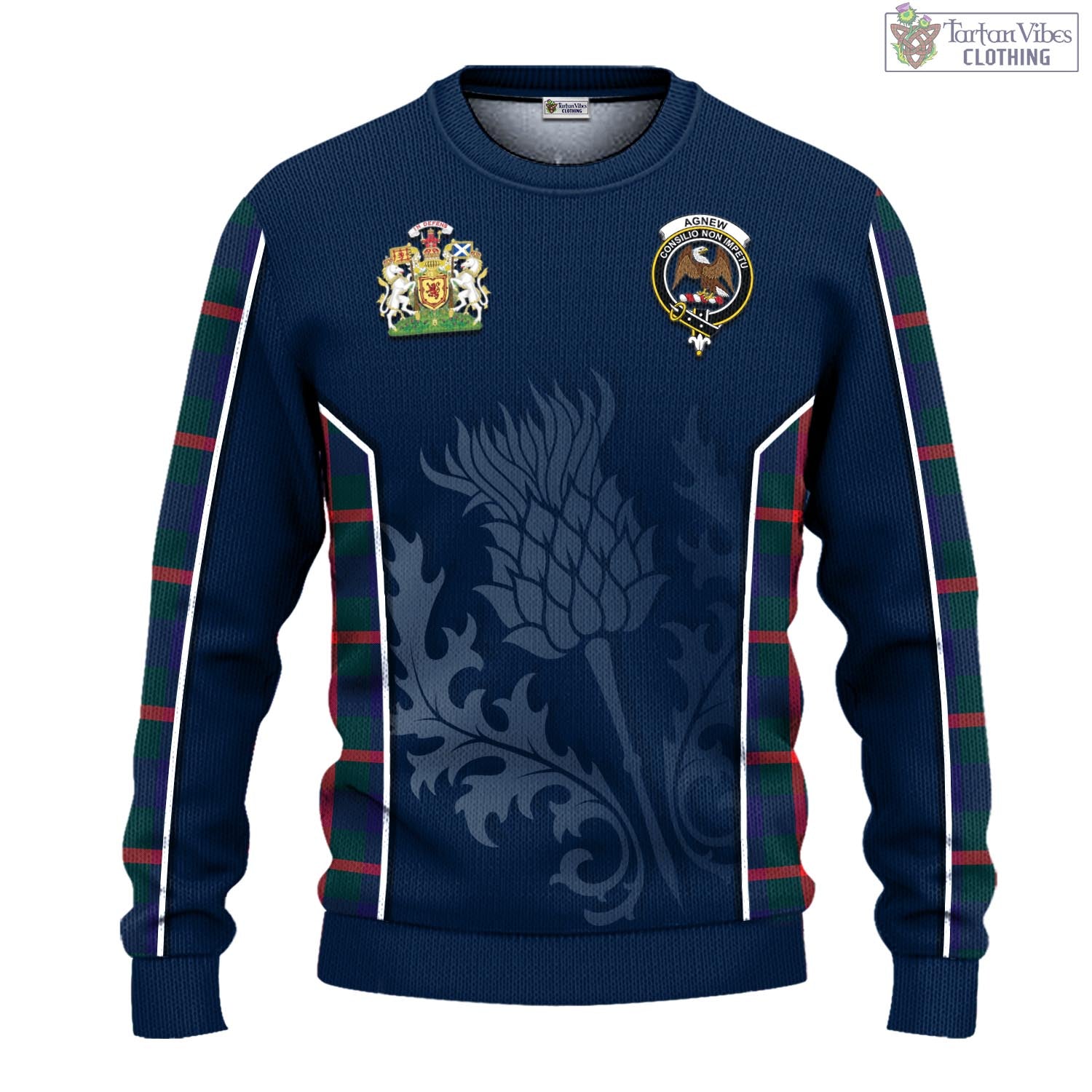 Tartan Vibes Clothing Agnew Modern Tartan Knitted Sweatshirt with Family Crest and Scottish Thistle Vibes Sport Style