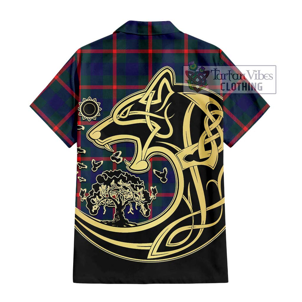 Agnew Tartan Short Sleeve Button Shirt with Family Crest Celtic Wolf Style - Tartan Vibes Clothing