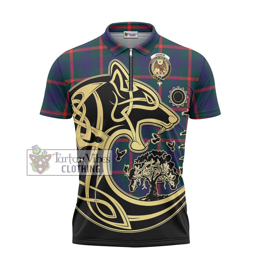 Agnew Tartan Zipper Polo Shirt with Family Crest Celtic Wolf Style - Tartanvibesclothing Shop