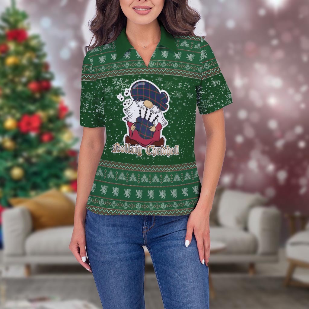 Agnew Modern Clan Christmas Family Polo Shirt with Funny Gnome Playing Bagpipes Women's Polo Shirt Green - Tartanvibesclothing