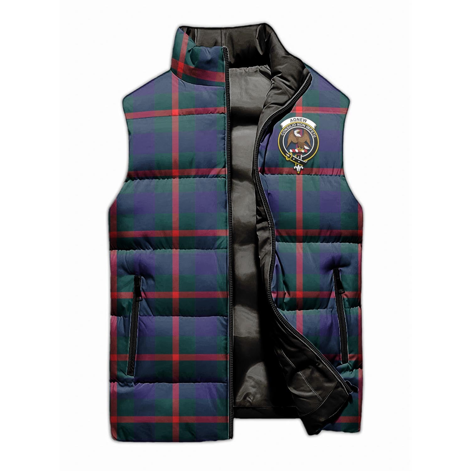 Agnew Modern Tartan Sleeveless Puffer Jacket with Family Crest - Tartanvibesclothing