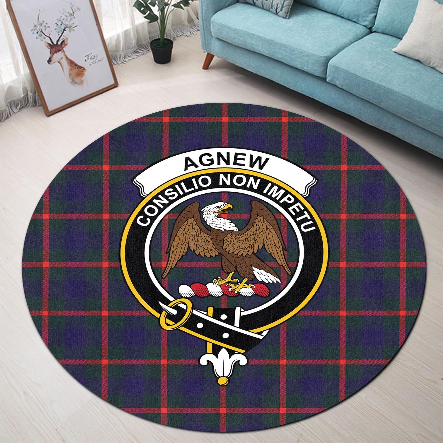 Agnew Modern Tartan Round Rug with Family Crest - Tartanvibesclothing