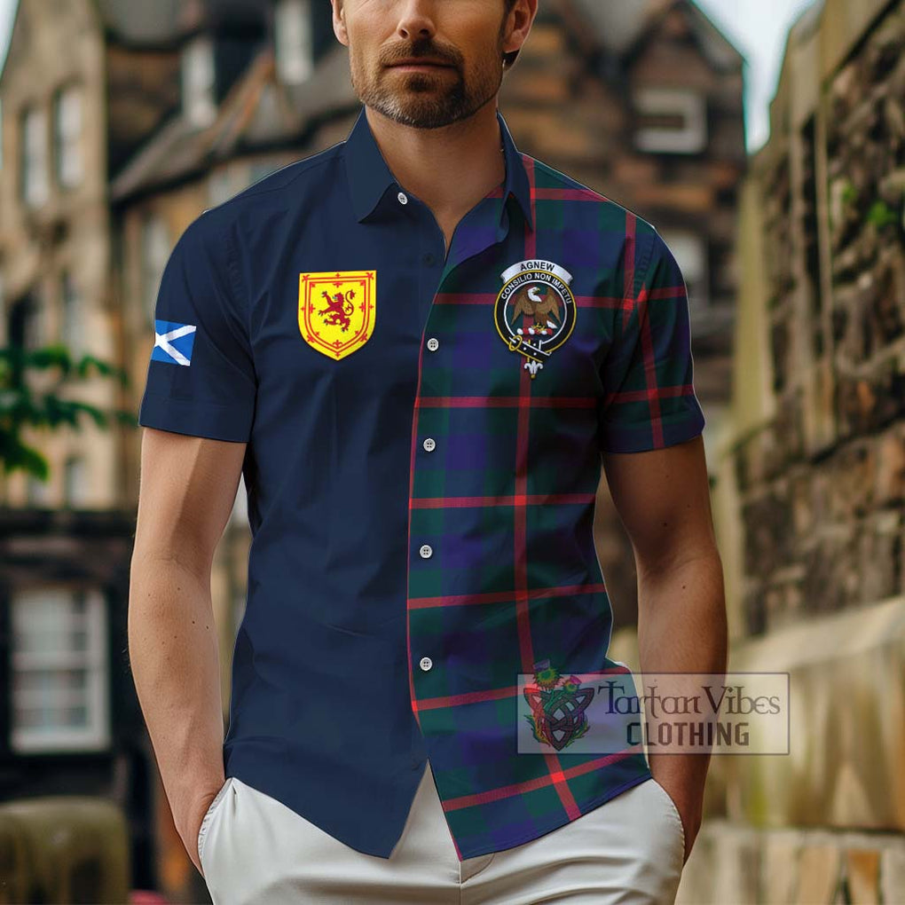 Tartan Vibes Clothing Agnew Modern Tartan Short Sleeve Button Shirt with Scottish Lion Royal Arm Half Style