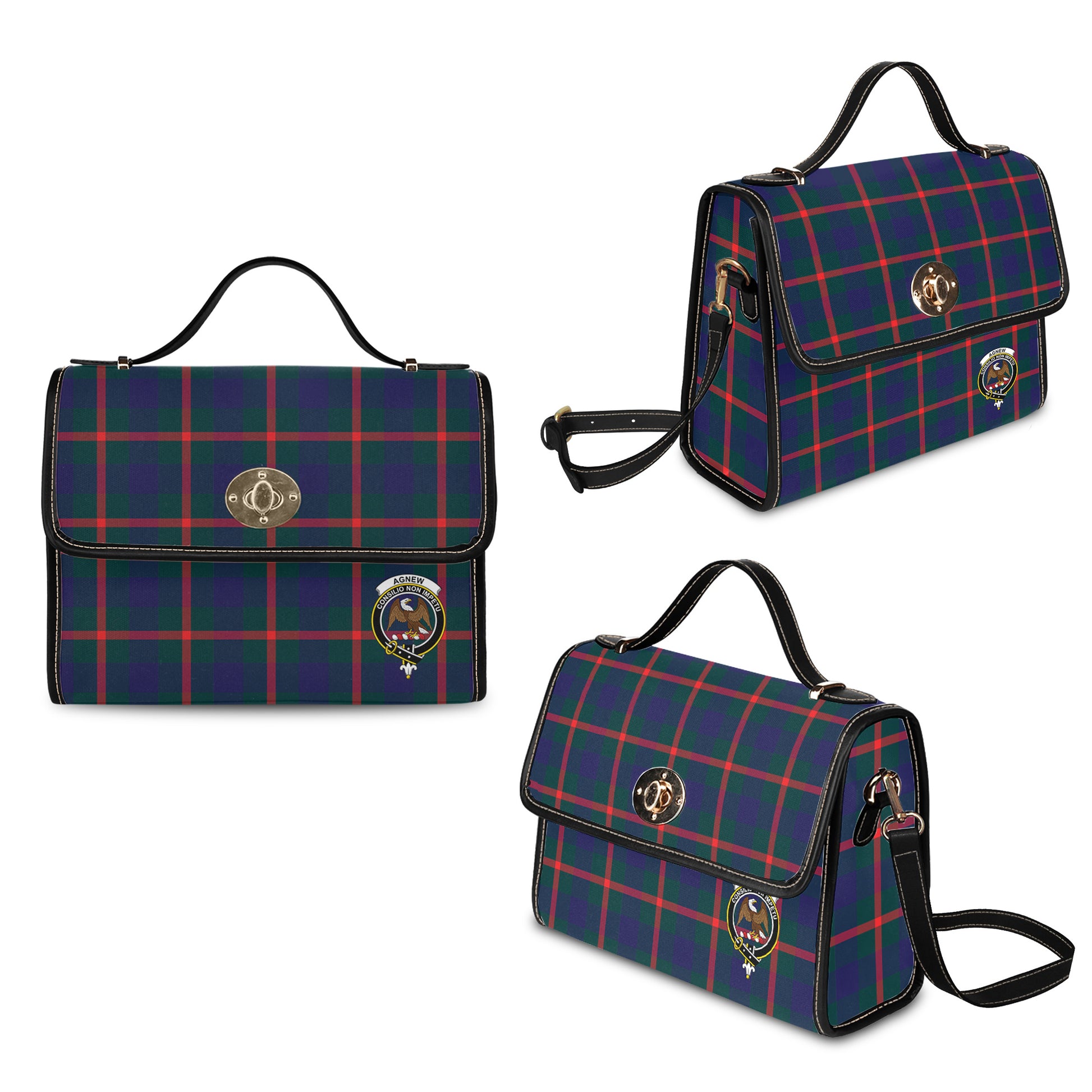 Agnew Modern Tartan Leather Strap Waterproof Canvas Bag with Family Crest - Tartanvibesclothing