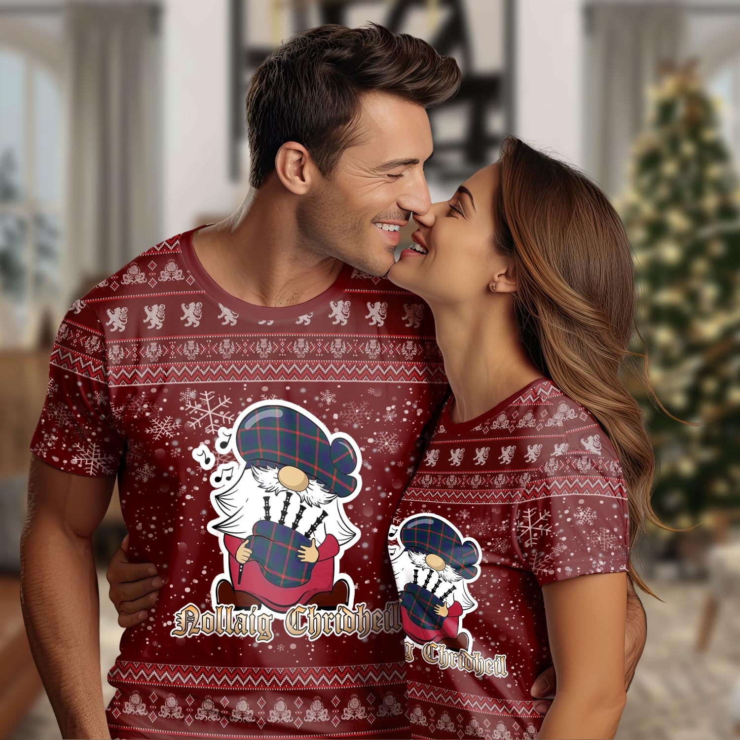 Agnew Modern Clan Christmas Family T-Shirt with Funny Gnome Playing Bagpipes Women's Shirt Red - Tartanvibesclothing