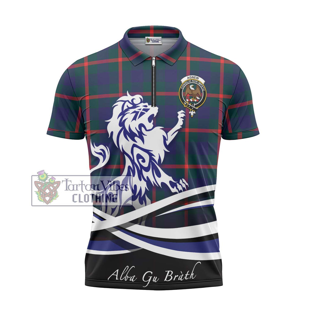 Agnew Tartan Zipper Polo Shirt with Alba Gu Brath Regal Lion Emblem - Tartanvibesclothing Shop