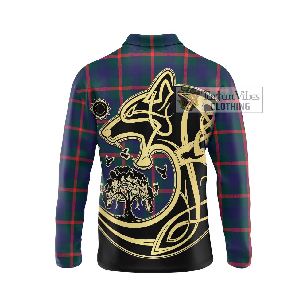 Agnew Tartan Long Sleeve Polo Shirt with Family Crest Celtic Wolf Style - Tartanvibesclothing Shop