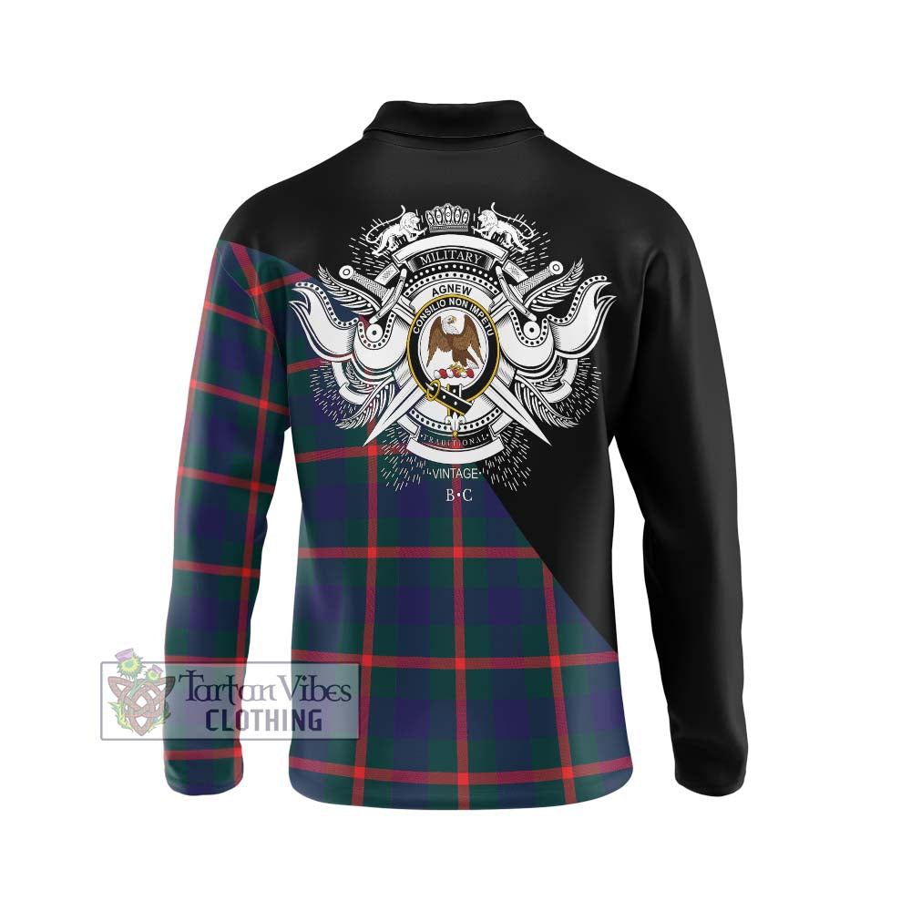 Agnew Tartan Long Sleeve Polo Shirt with Family Crest and Military Logo Style - Tartanvibesclothing Shop