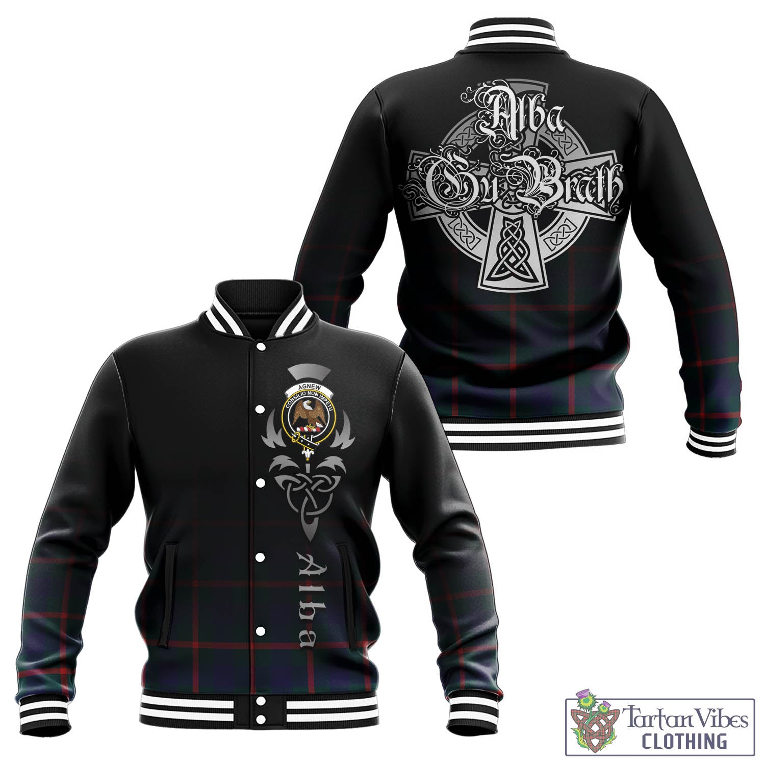 Tartan Vibes Clothing Agnew Modern Tartan Baseball Jacket Featuring Alba Gu Brath Family Crest Celtic Inspired