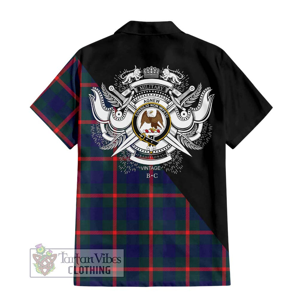 Agnew Tartan Short Sleeve Button Shirt with Family Crest and Military Logo Style - Tartanvibesclothing Shop