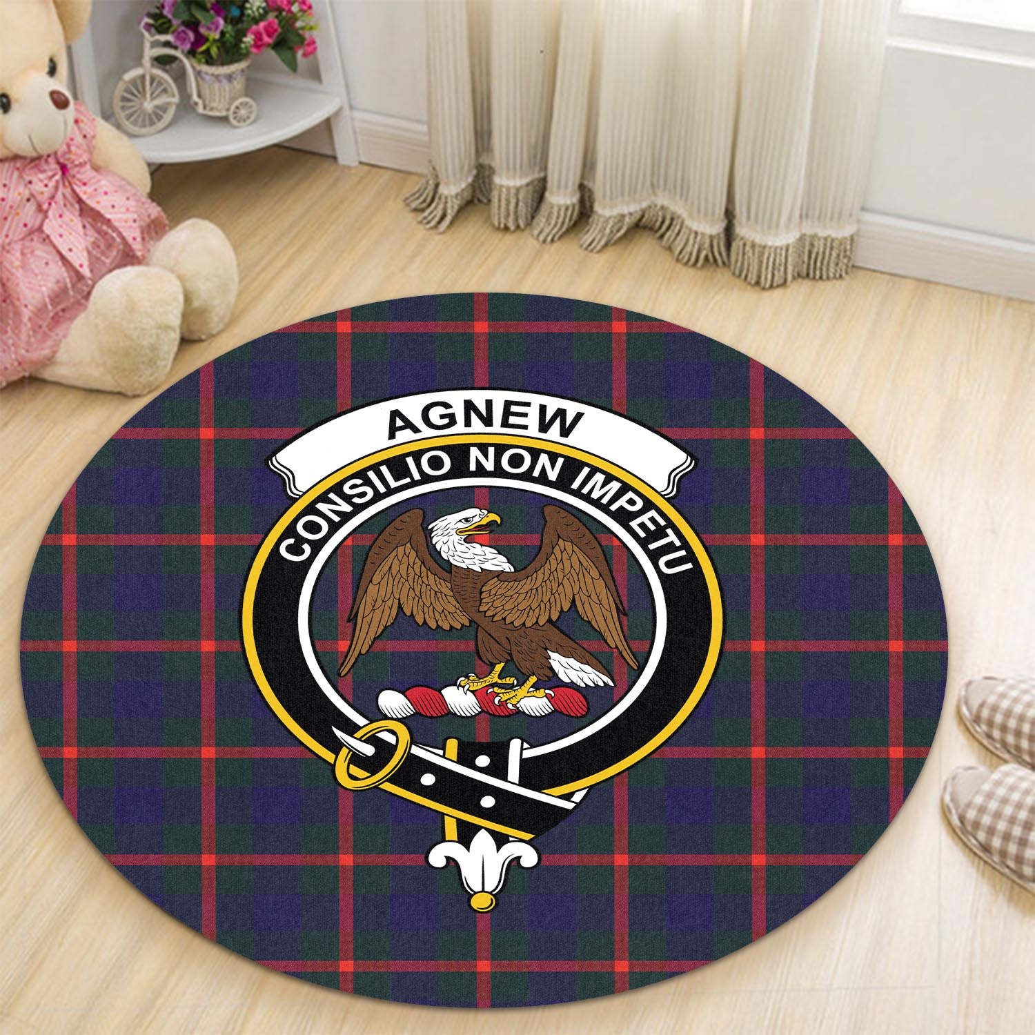 Agnew Modern Tartan Round Rug with Family Crest - Tartanvibesclothing