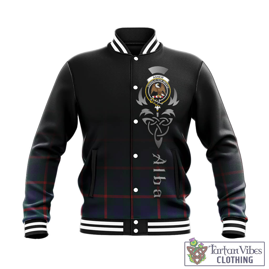 Tartan Vibes Clothing Agnew Modern Tartan Baseball Jacket Featuring Alba Gu Brath Family Crest Celtic Inspired