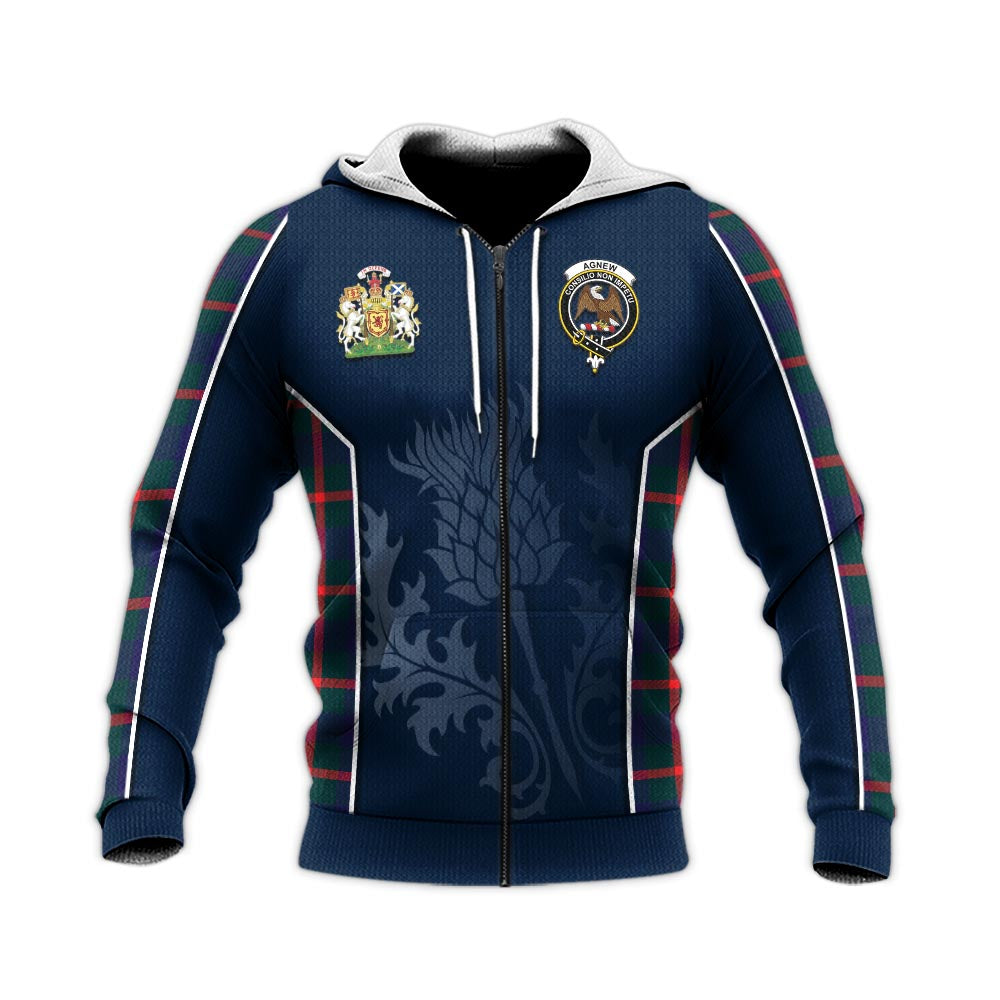 Tartan Vibes Clothing Agnew Modern Tartan Knitted Hoodie with Family Crest and Scottish Thistle Vibes Sport Style