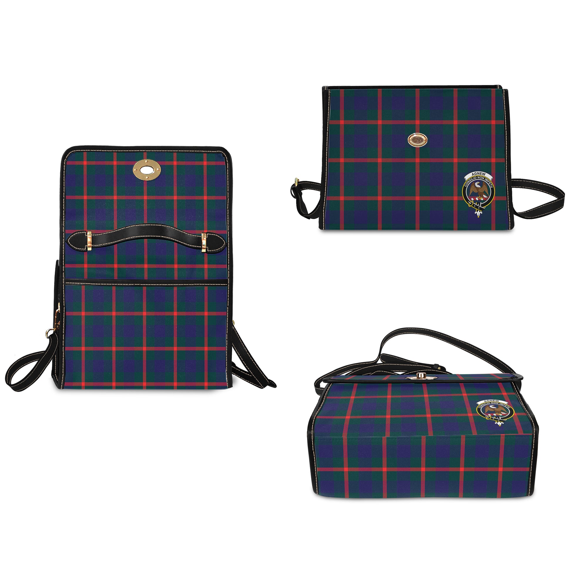 Agnew Modern Tartan Leather Strap Waterproof Canvas Bag with Family Crest - Tartanvibesclothing