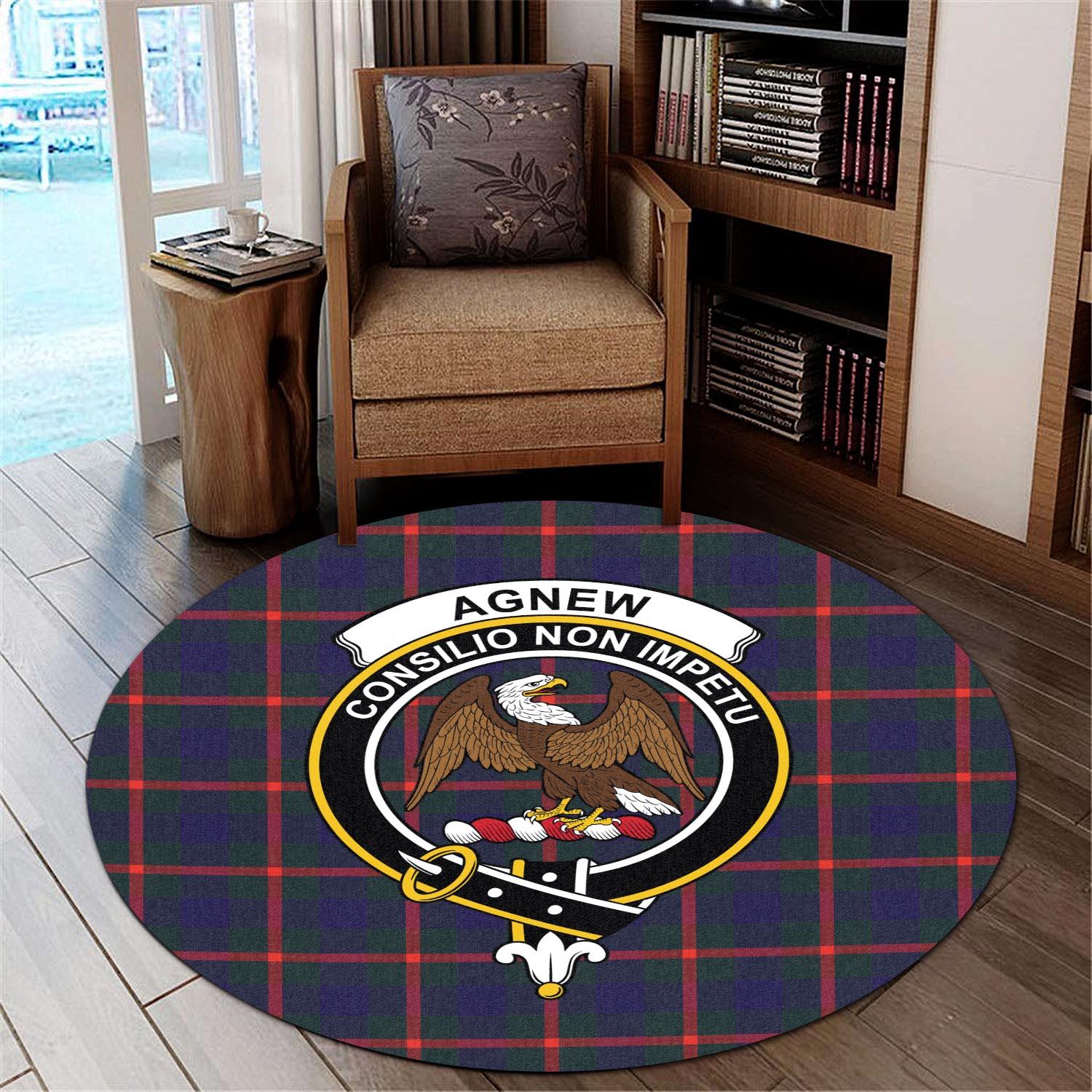 Agnew Modern Tartan Round Rug with Family Crest - Tartanvibesclothing