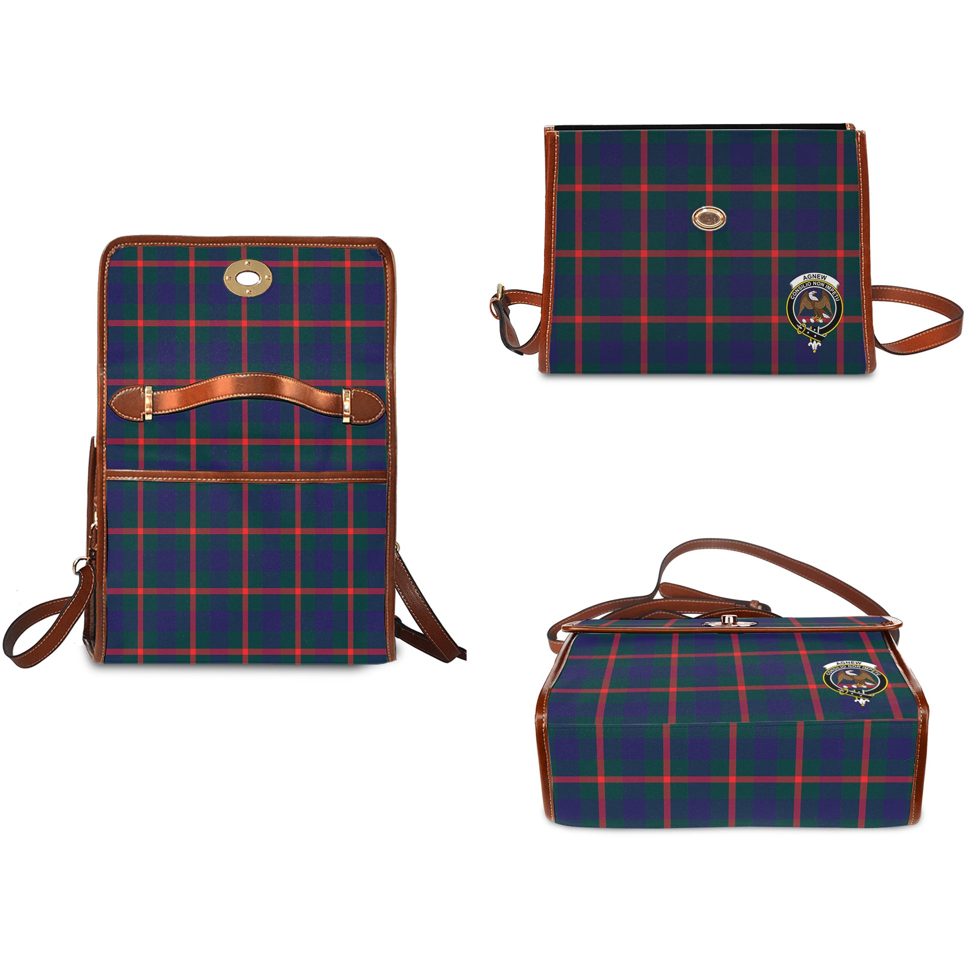 Agnew Modern Tartan Leather Strap Waterproof Canvas Bag with Family Crest - Tartanvibesclothing