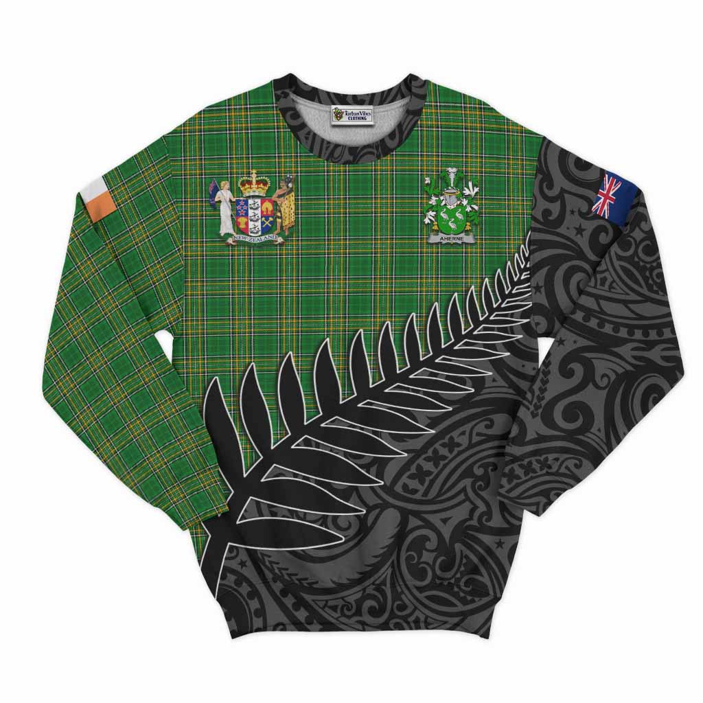 Tartan Vibes Clothing Aherne Irish Clan Tartan Sweatshirt with Coat of Arms New Zealand Silver Fern Half Style