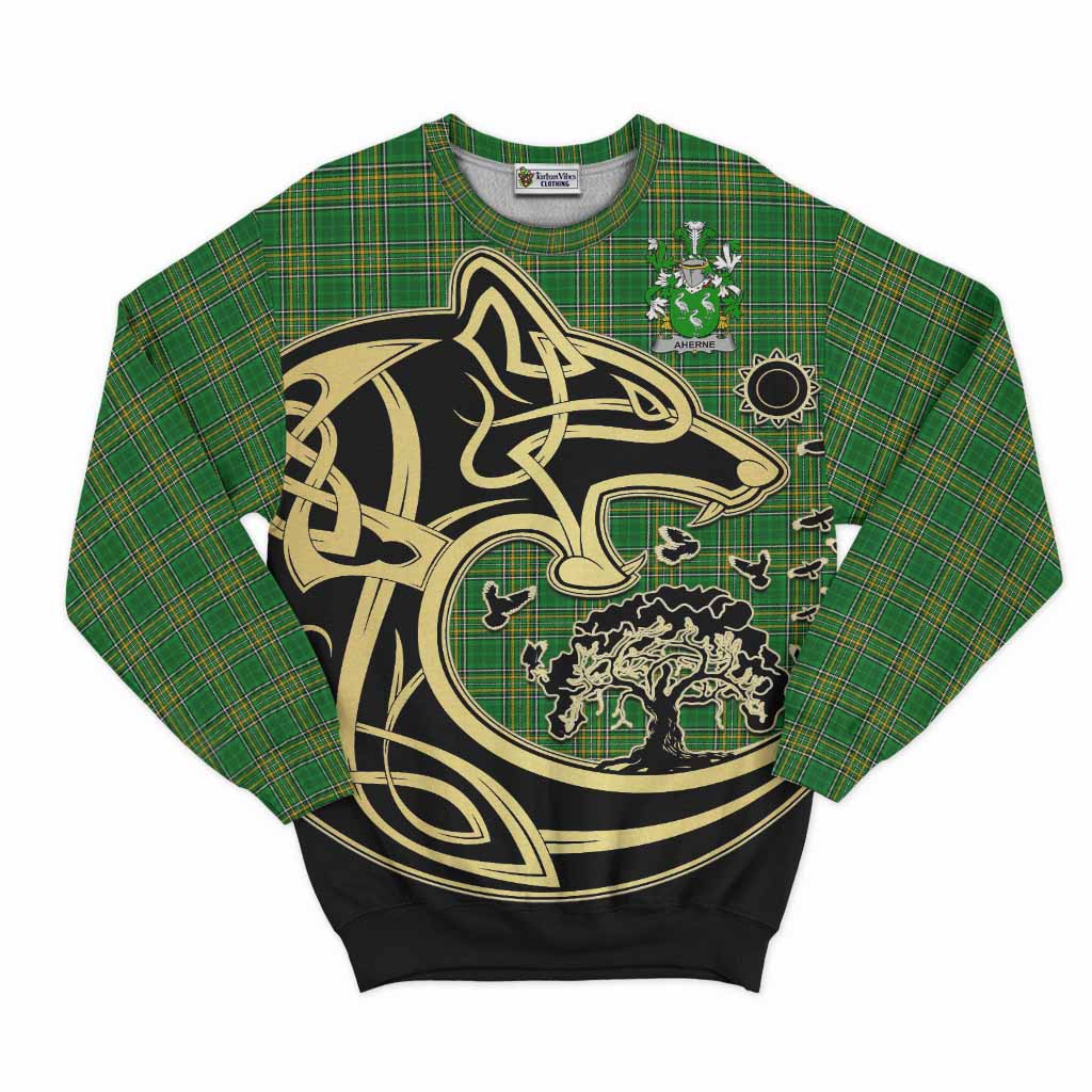 Tartan Vibes Clothing Aherne Irish Tartan Sweatshirt with Coat of Arms Celtic Wolf Style