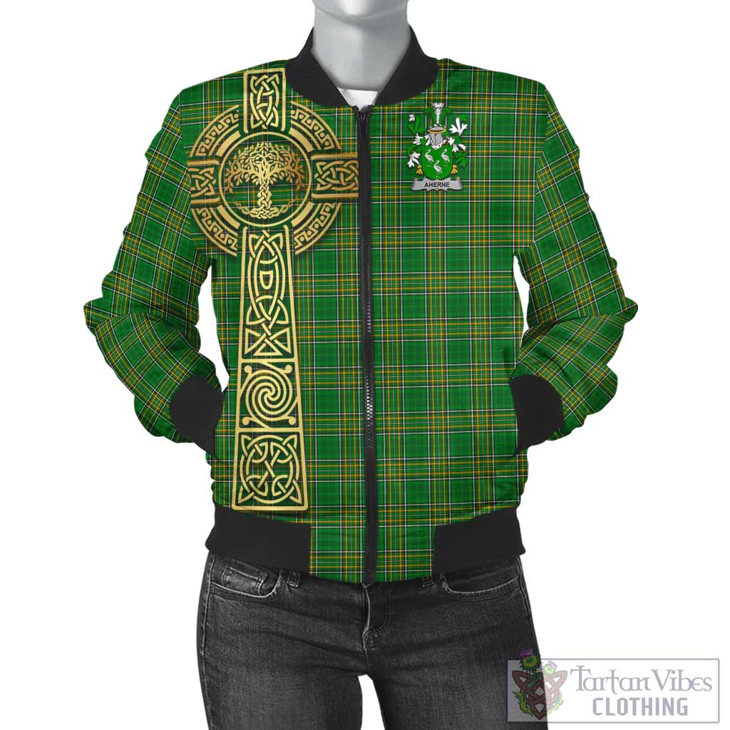 Tartan Vibes Clothing Aherne Irish Clan Tartan Bomber Jacket with Coat of Arms Celtic Tree of Life Style